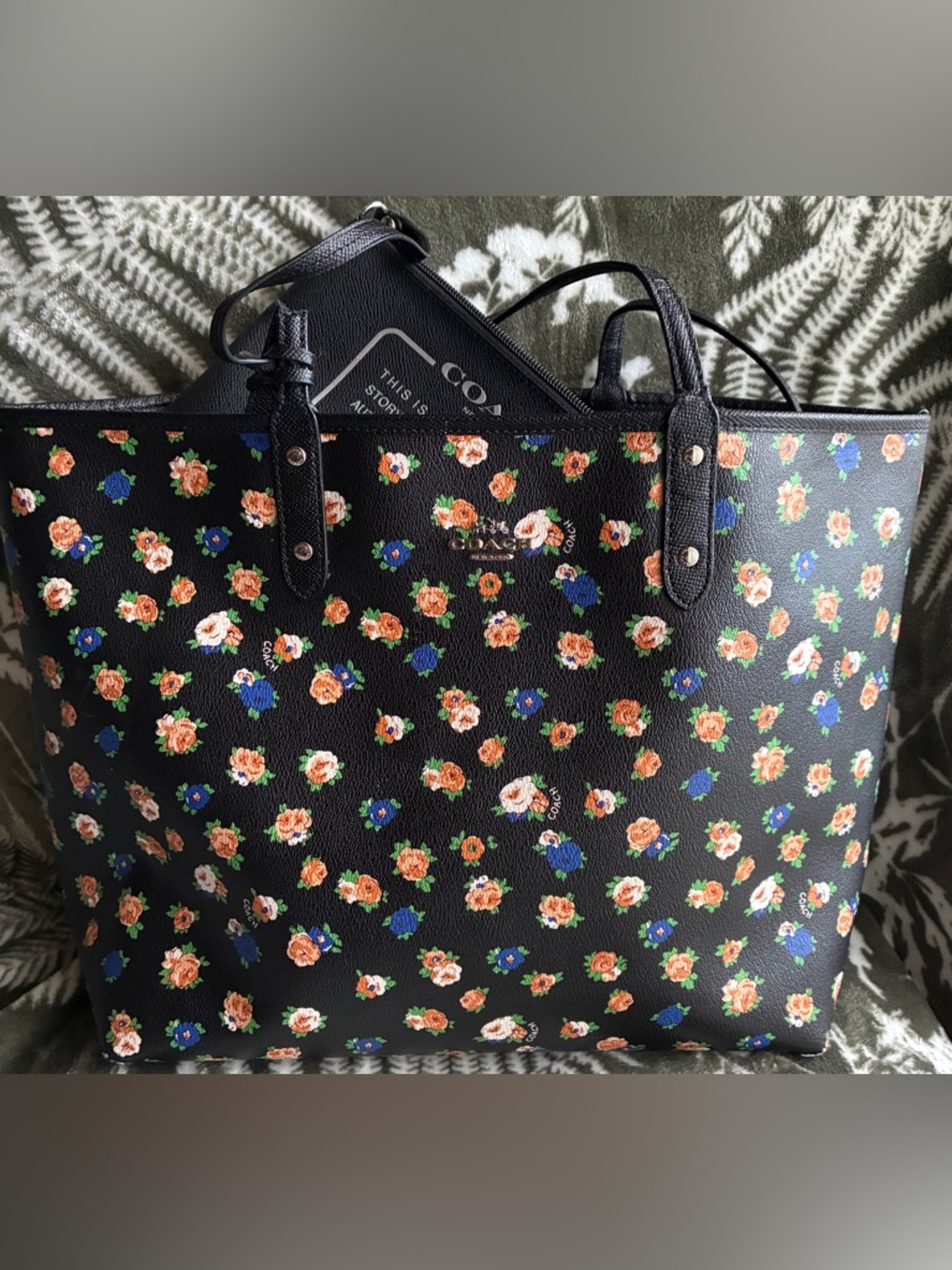 Coach Black Floral Print Tote with Orange and Blue Blooms,REVERSIBLE Bag - Picture 9 of 15